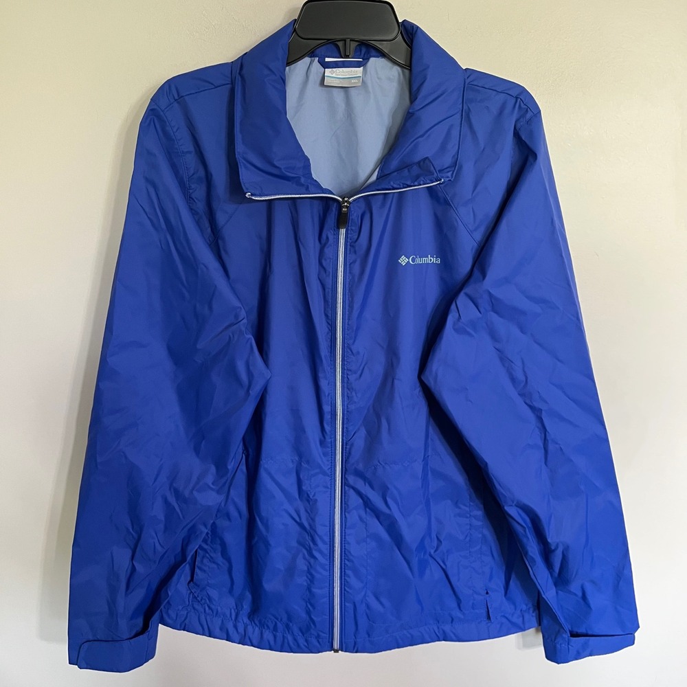 Columbia Mens XXL Blue Windbreaker Jacket Full Zip Stowaway Hood‎ Lightweight